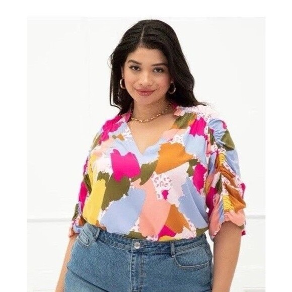 ELOQUII Elements‎ Colorful Abstract Print Top Ruched Sleeves Womens Size 20 - Picture 1 of 11